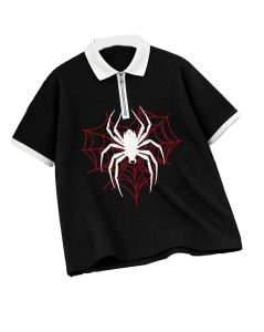 AUSK Men's Spider Graphic Printed Polo T-Shirt | Cotton Blend Textured Regular Fit Half Sleeve Zip Polo Neck Casual T-Shirt for Men