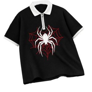 AUSK Men’s Spider Graphic Printed Polo T-Shirt | Cotton Blend Textured Regular Fit Half Sleeve Zip Polo Neck Casual T-Shirt for Men