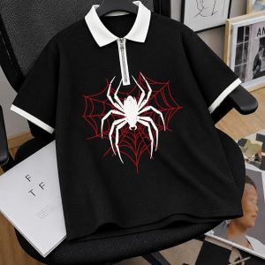 AUSK Men’s Spider Graphic Printed Polo T-Shirt | Cotton Blend Textured Regular Fit Half Sleeve Zip Polo Neck Casual T-Shirt for Men